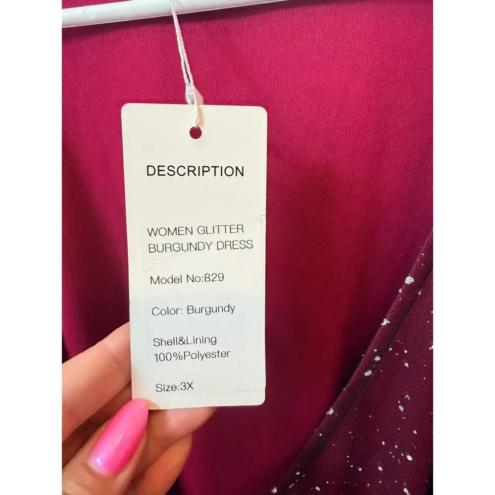 Red Dot Boutique Faux Wrap Dress NWT Burgundy Red Black Glitter Mesh Sleeve 3X